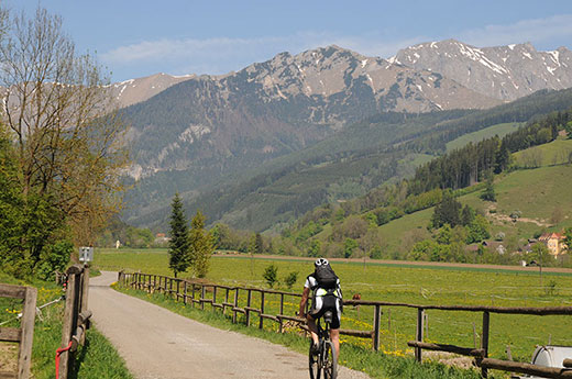 Mountainbiker von hinter mit Rucksack fährt entlang einer Schotterstraße Richtung Berge
